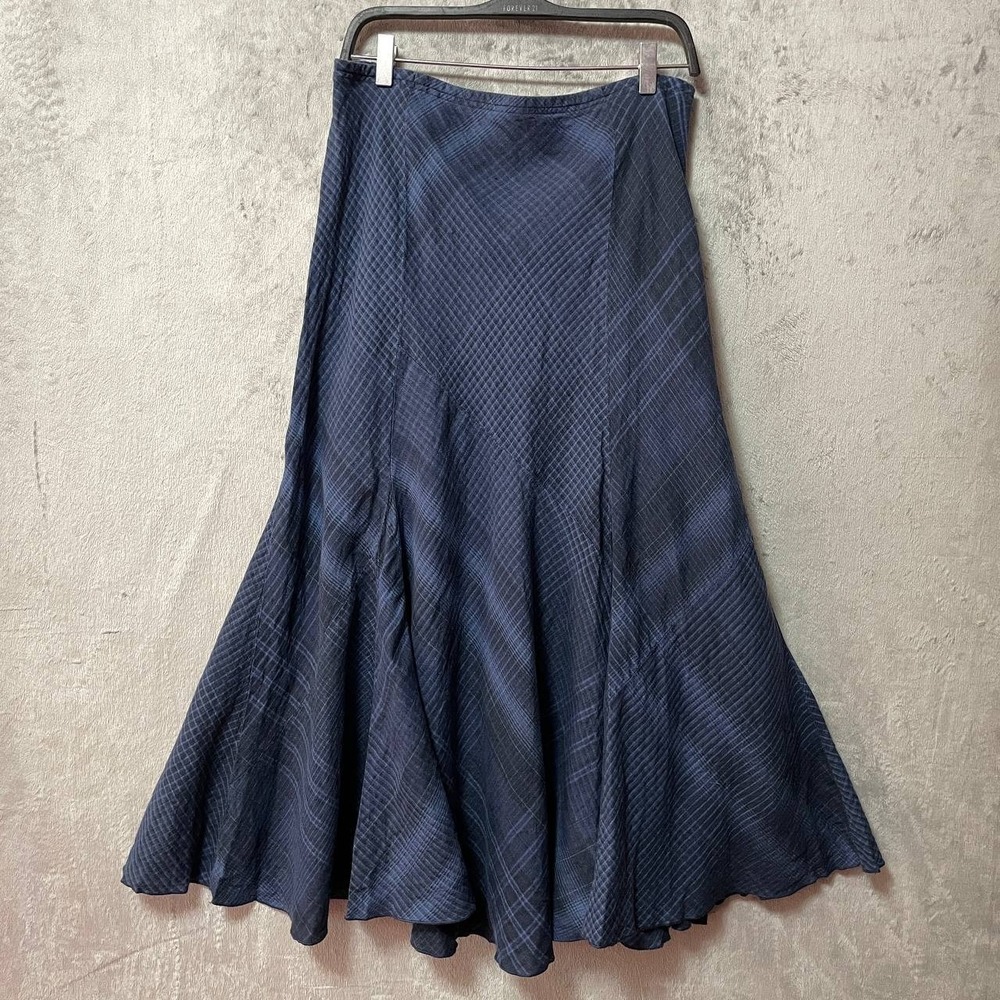 J.Jill 100% Linen A-Line Skirt 12 Navy Blue Plaid Flared Coastal